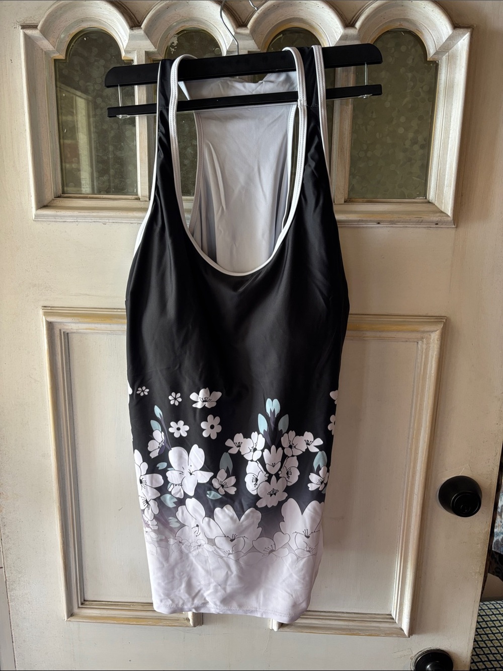 Black & Floral Racer Back Tankini With Black Skirted Bottoms 4X